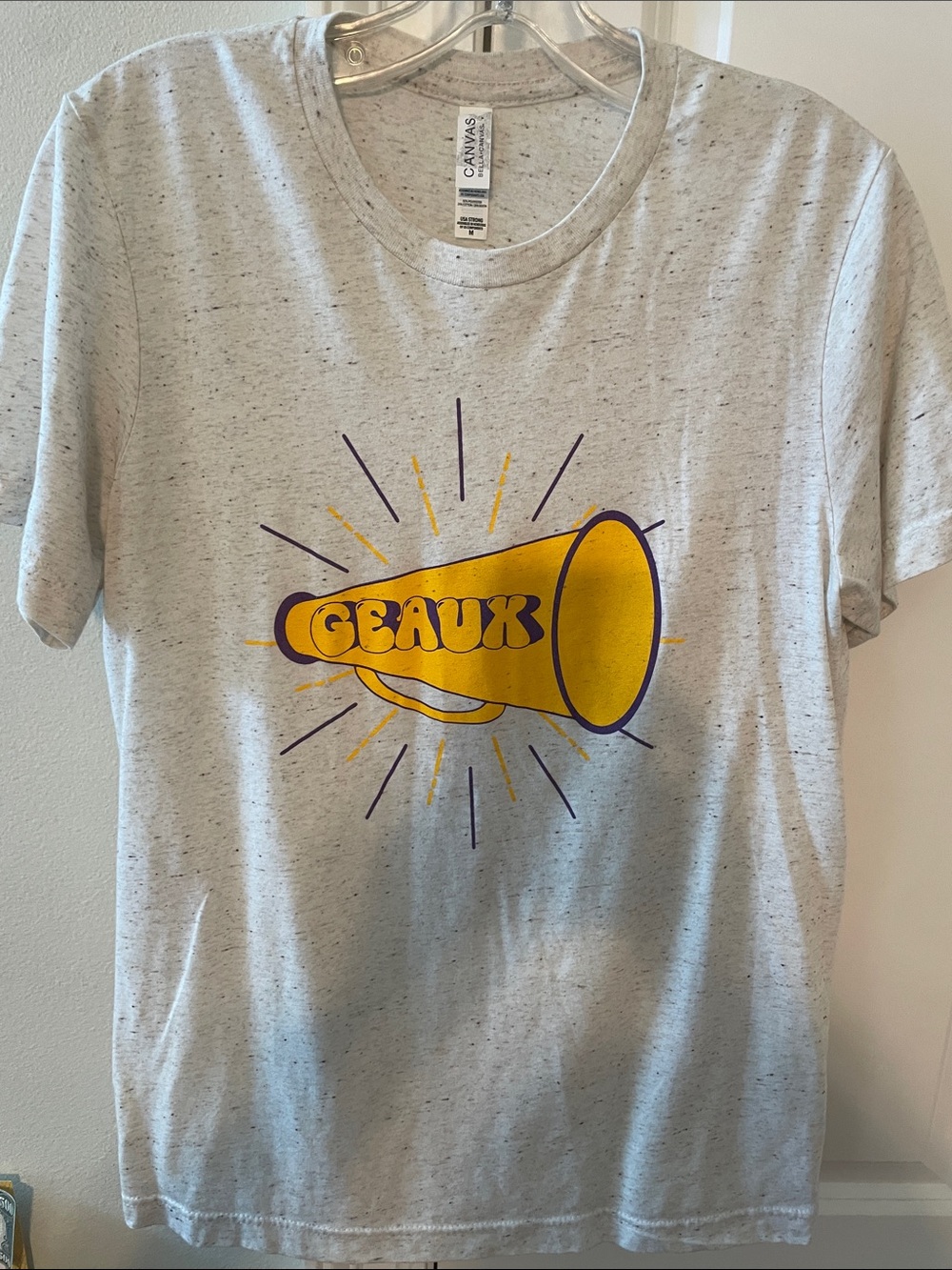 Bella Canvas Heather Gray Tee with Yellow & Purple Megaphone Graphic